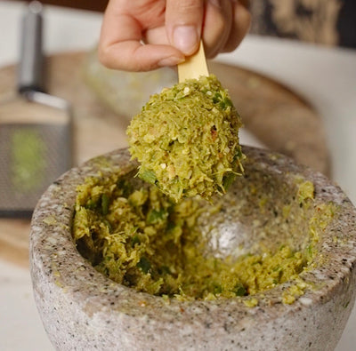 Traditional Thai Green Curry Paste with Mortar and Pestle